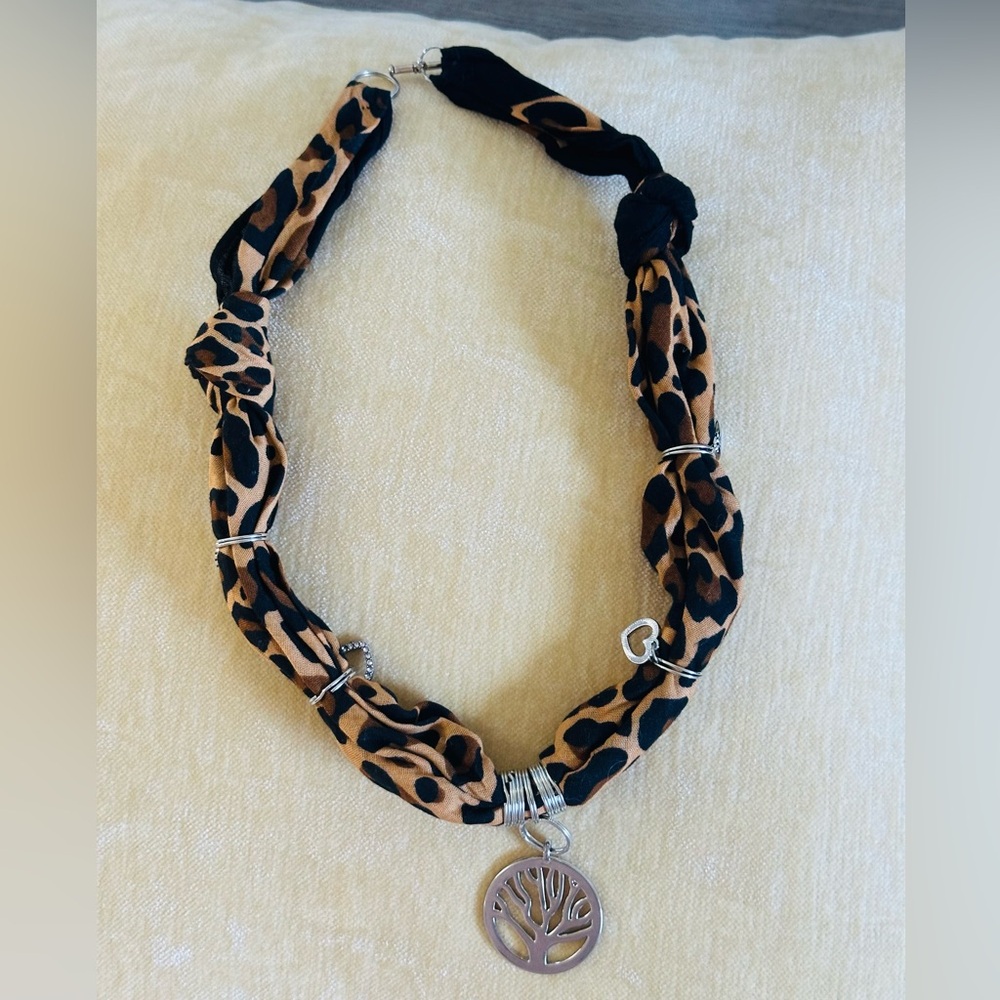 Leopard Print Fabric Necklace with Silver  handmade